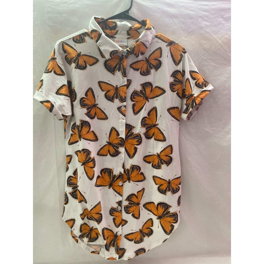 LuLaRoe Valentina Button Down Shirt Womens Small White Orange Butterfly Print